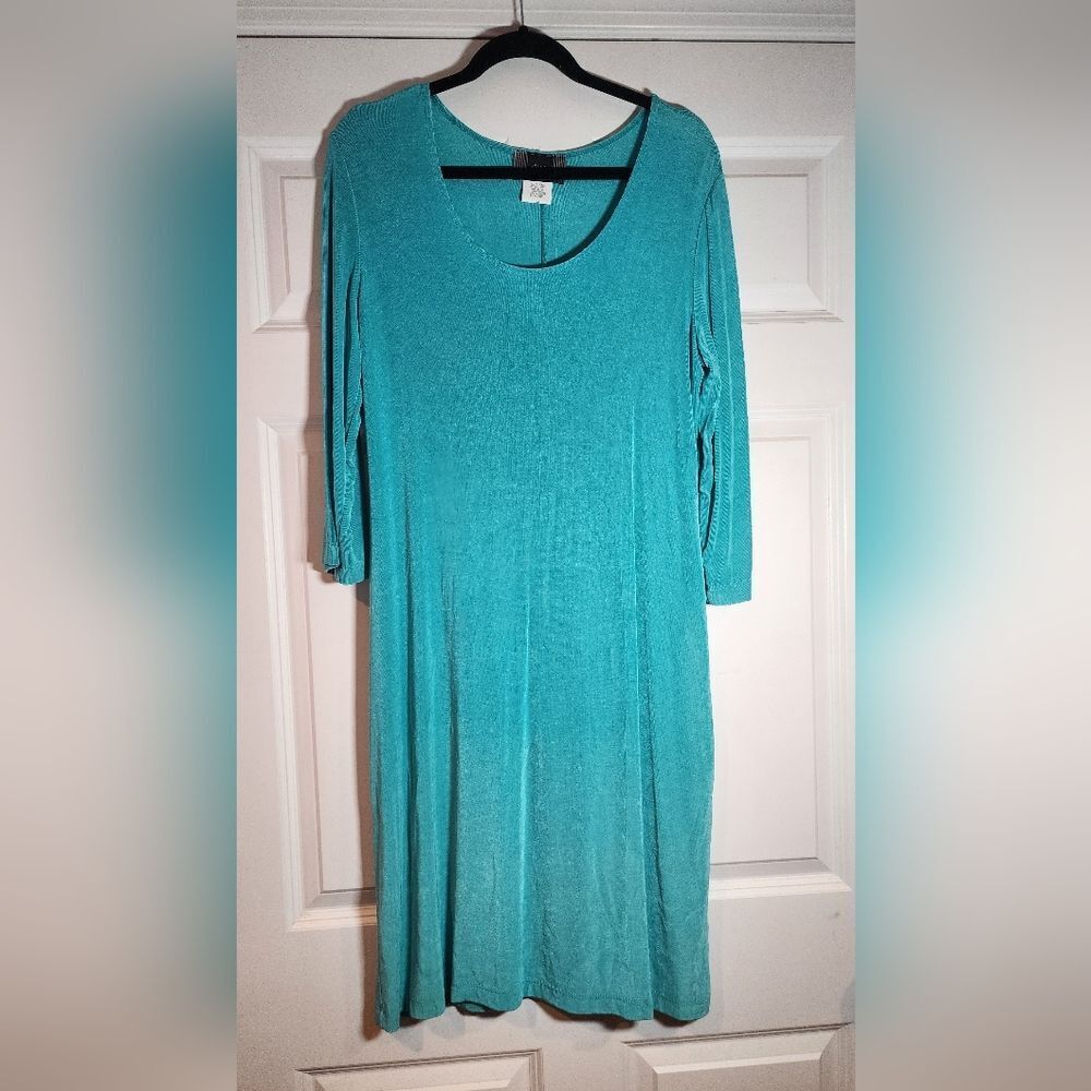 Slinky Brand Aqua Blue Super Stretchy 3/4 Sleeve Midi Dress M - Picture 1 of 5